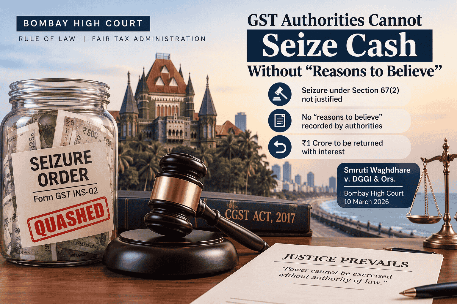 Whether GST authorities can seize cash under Section 67(2) of the CGST Act without recording “reasons to believe?